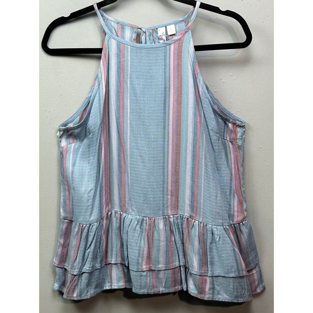 Francesca's Top Womens Small Alya Blue Striped Ruffle High Neck‎ Sleeveless Tank